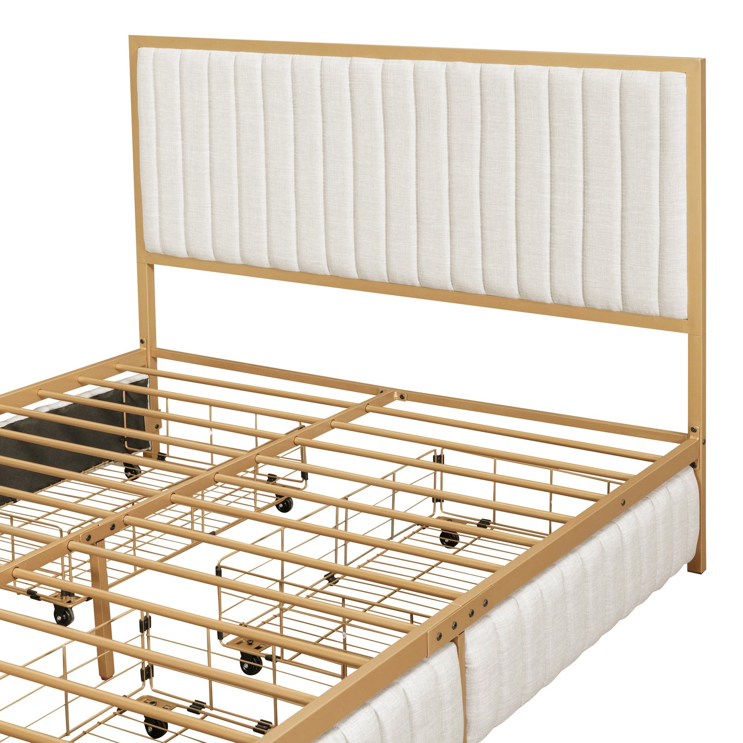 Full Size Metal Frame Upholstered Bed with 4 Drawers, Linen Fabric, Beige