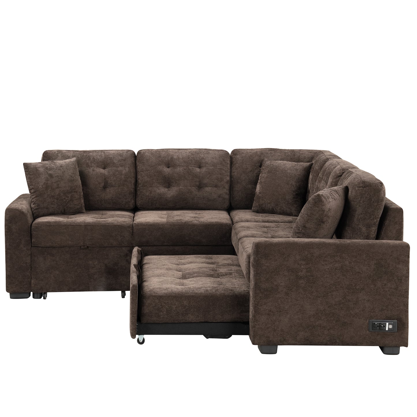 Convertible L-Shape Sleeper Sofa with USB Ports and Power Sockets, Brown