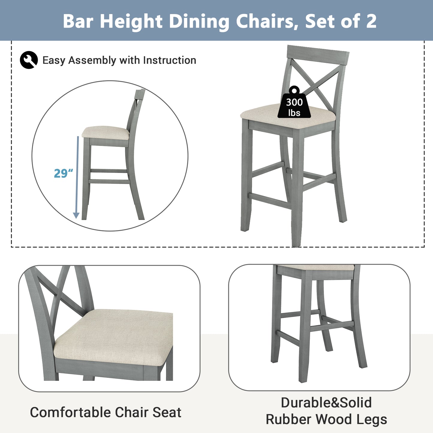 Farmhouse 48"Rectangular Wood Bar Height Dining Set Kitchen Breakfast Nook with 2 Chairs for Small Places,Gray