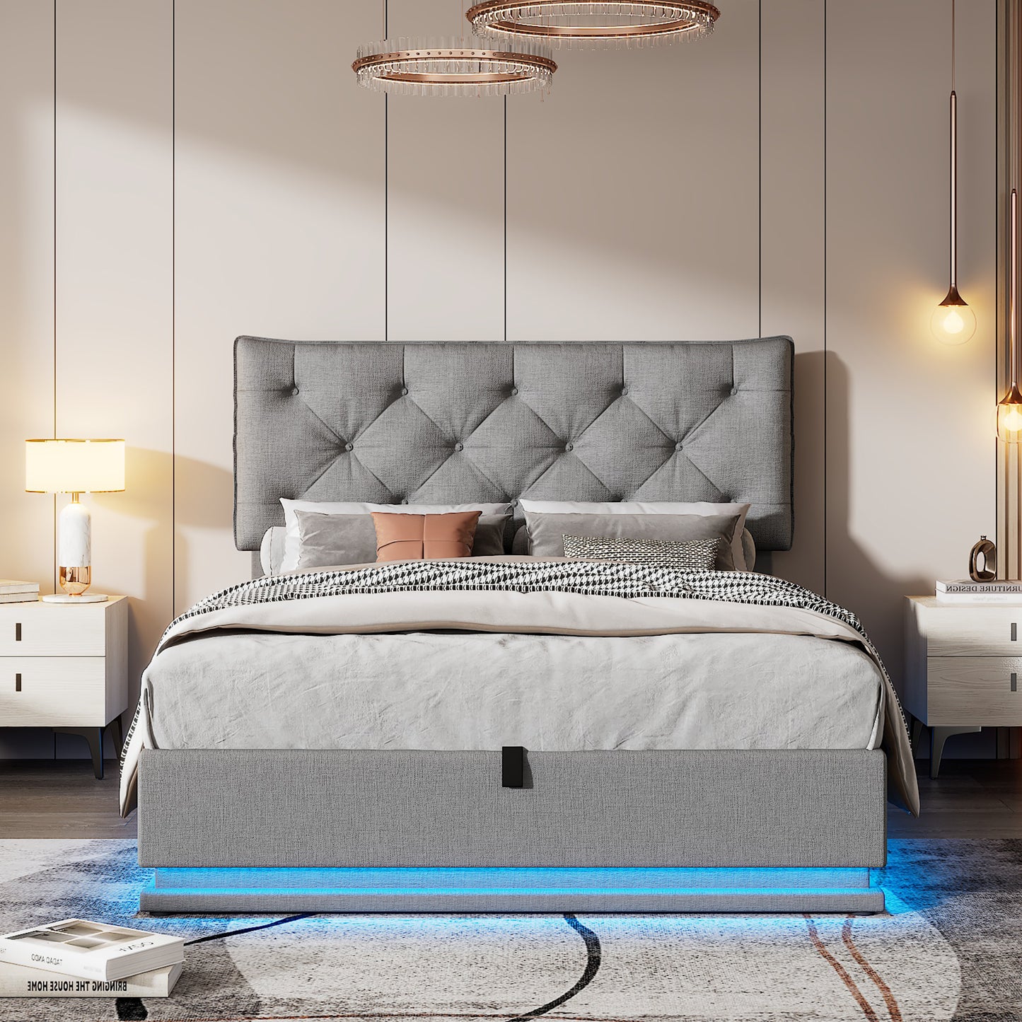 Full Size Upholstered Bed with Hydraulic Storage System and LED Light, Modern Platform Bed with Button-tufted Design Headboard, Gray