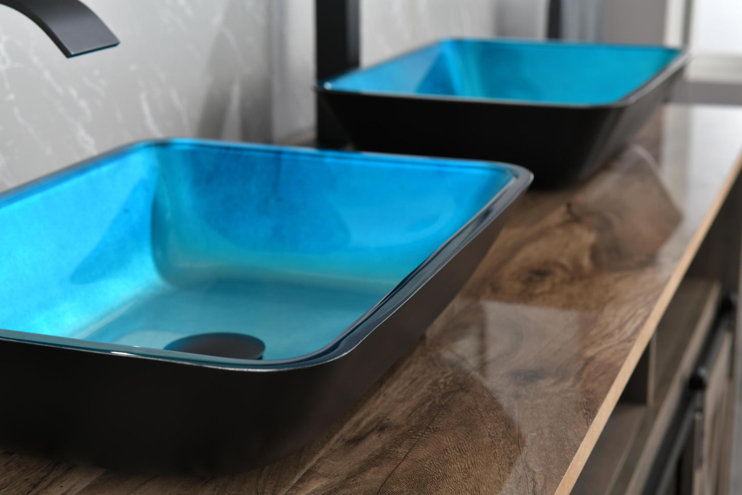 Handcrafted Turquoise Glass Vessel Sink Set with Matte Black Faucet