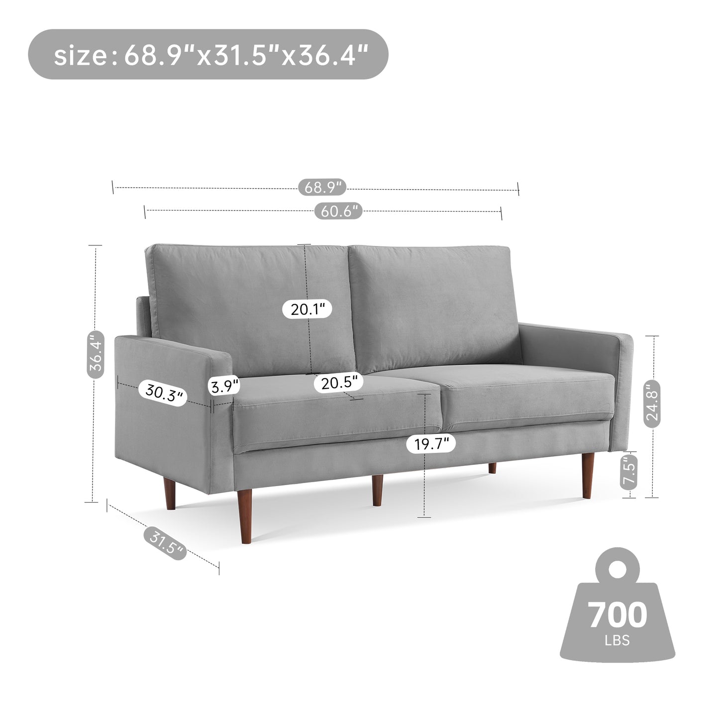 69”  Modern Velvet Fabric Loveseat Couch - Grey, Solid Wooden Frame with High-Density Foam