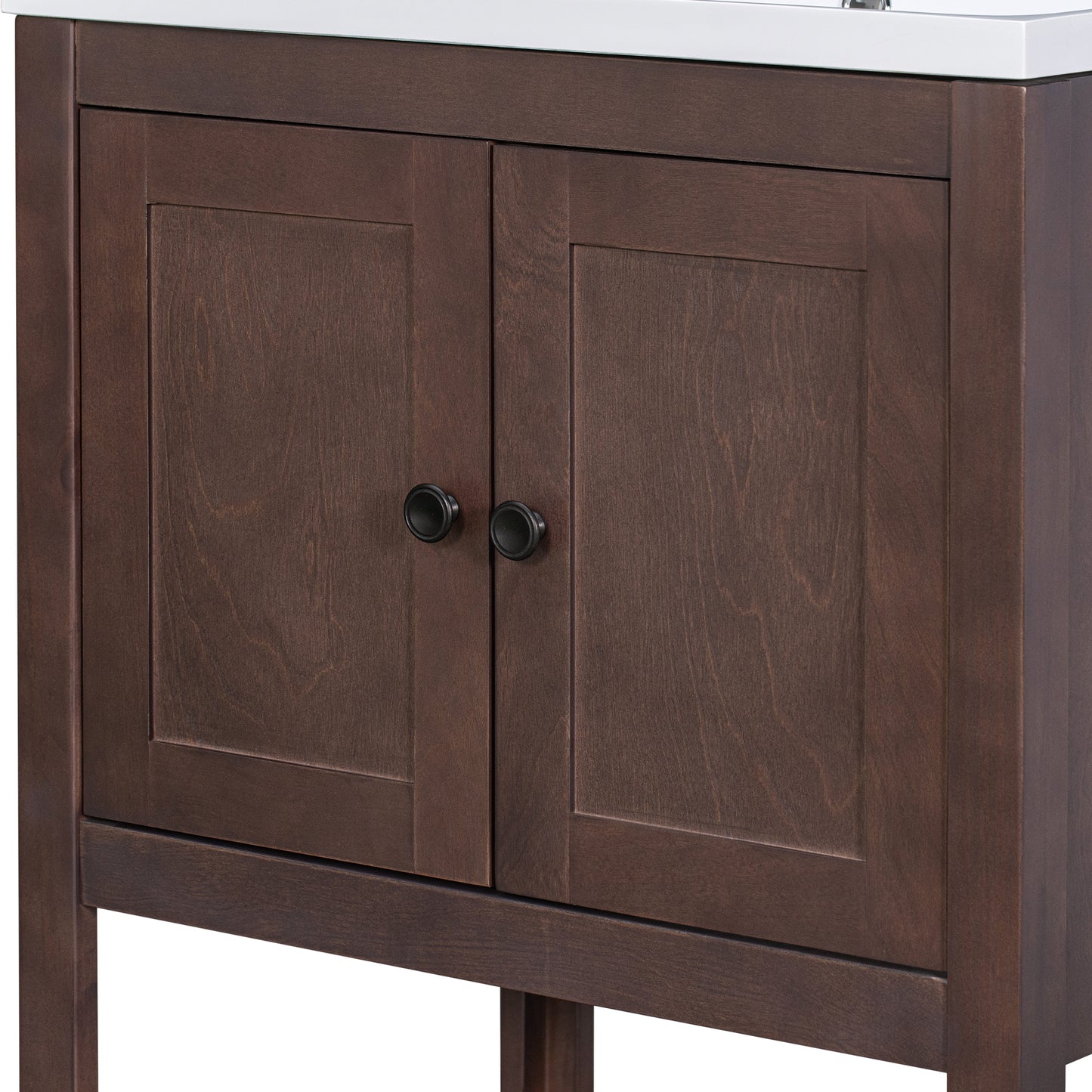 24" Brown Modern Sleek Bathroom Vanity Elegant Ceramic Sink with Solid Wood Frame Open Style Shelf