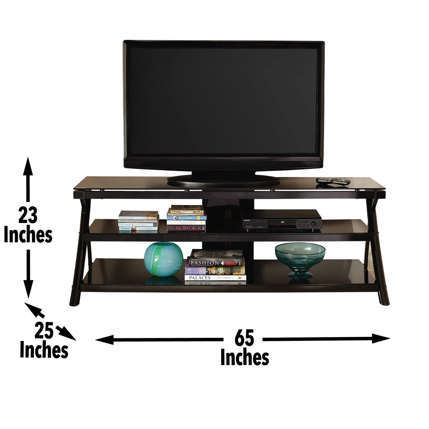 Sleek Modern TV Stand with Smart Cord Management - Black Finish, Smoked Glass Shelves, and Metal Legs