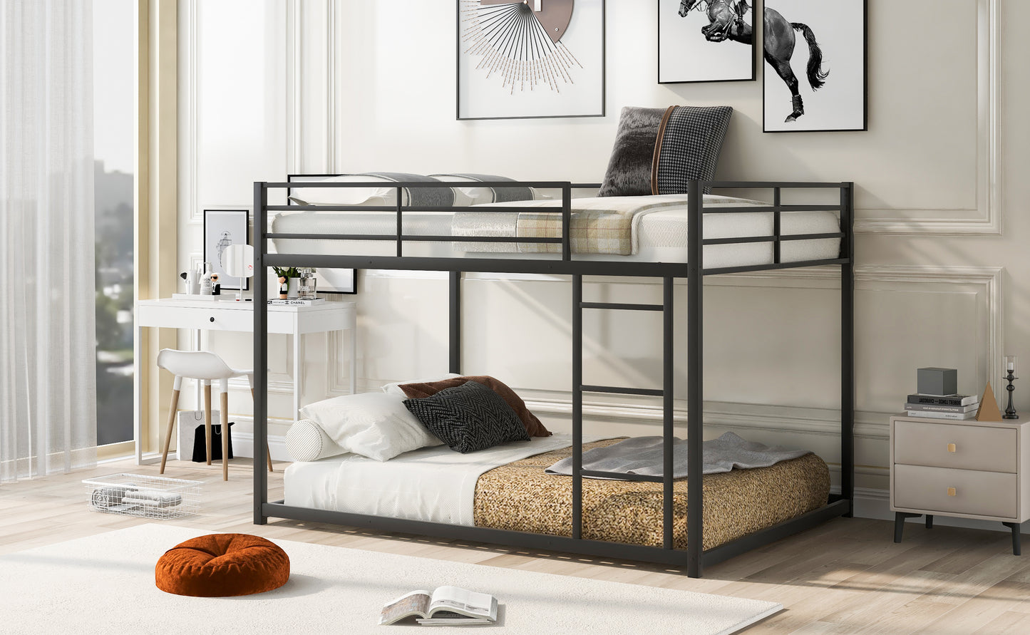 Modern Black Metal Bunk Bed with Full over Full Design