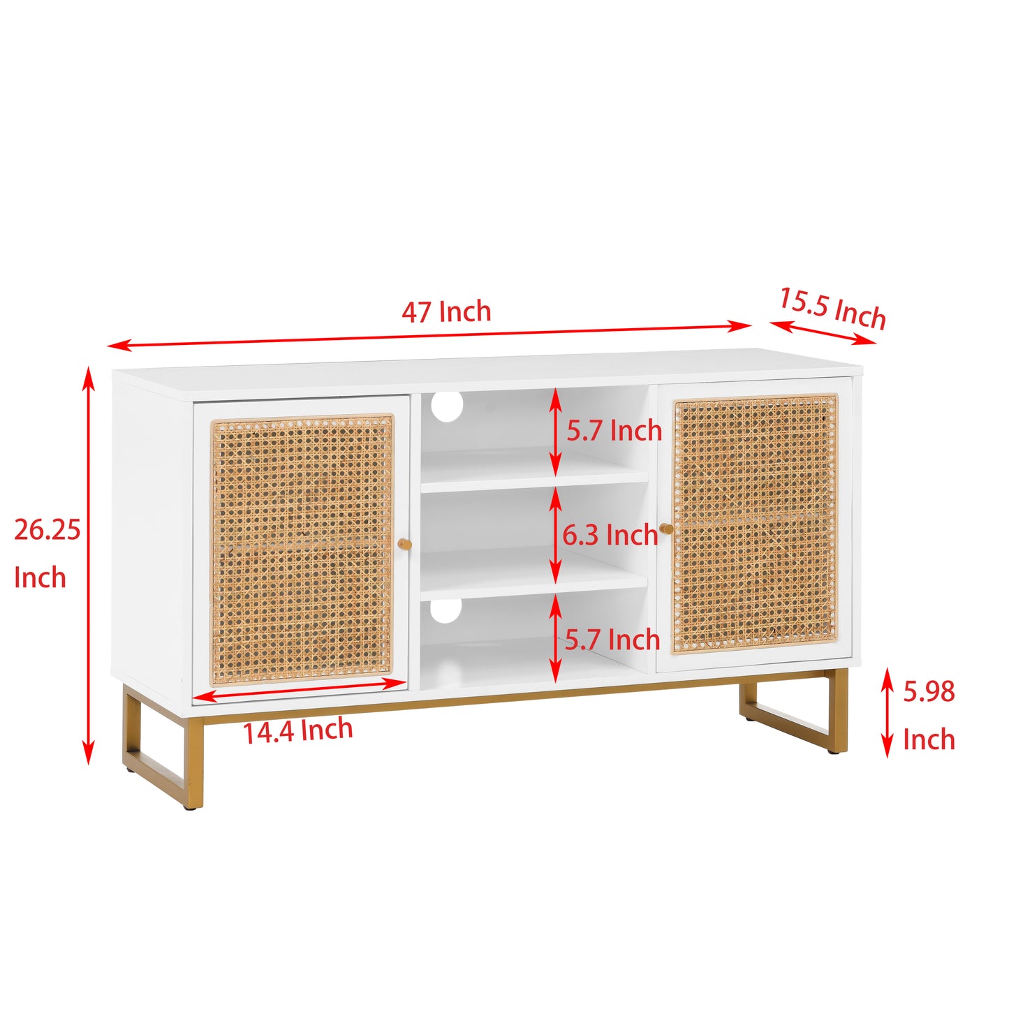 47 Inch White Rattan TV Stand with Adjustable Shelves and Metal Legs