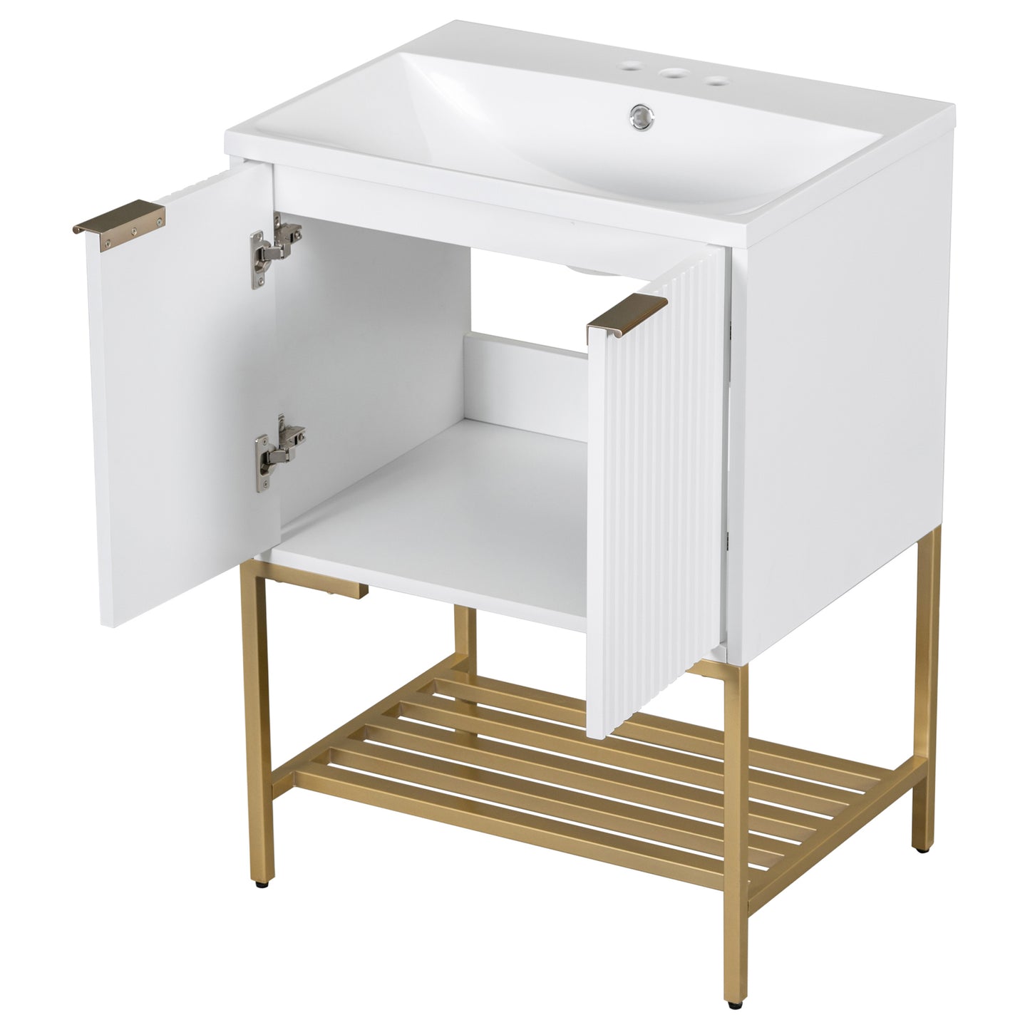 24" Bathroom Vanity with Sink, Bathroom Vanity Cabinet with Two Doors and Gold Metal Frame, Open Storage Shelf, White