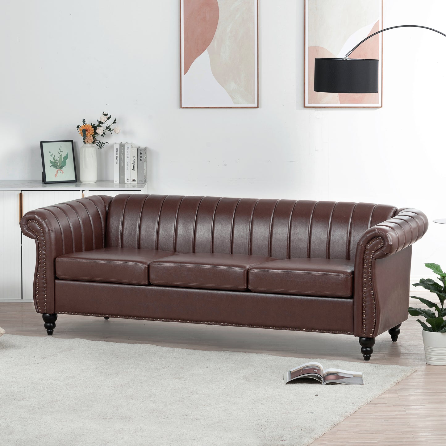 Luxurious Brown PU Rolled Arm Chesterfield Three Seater Sofa - 83.46''