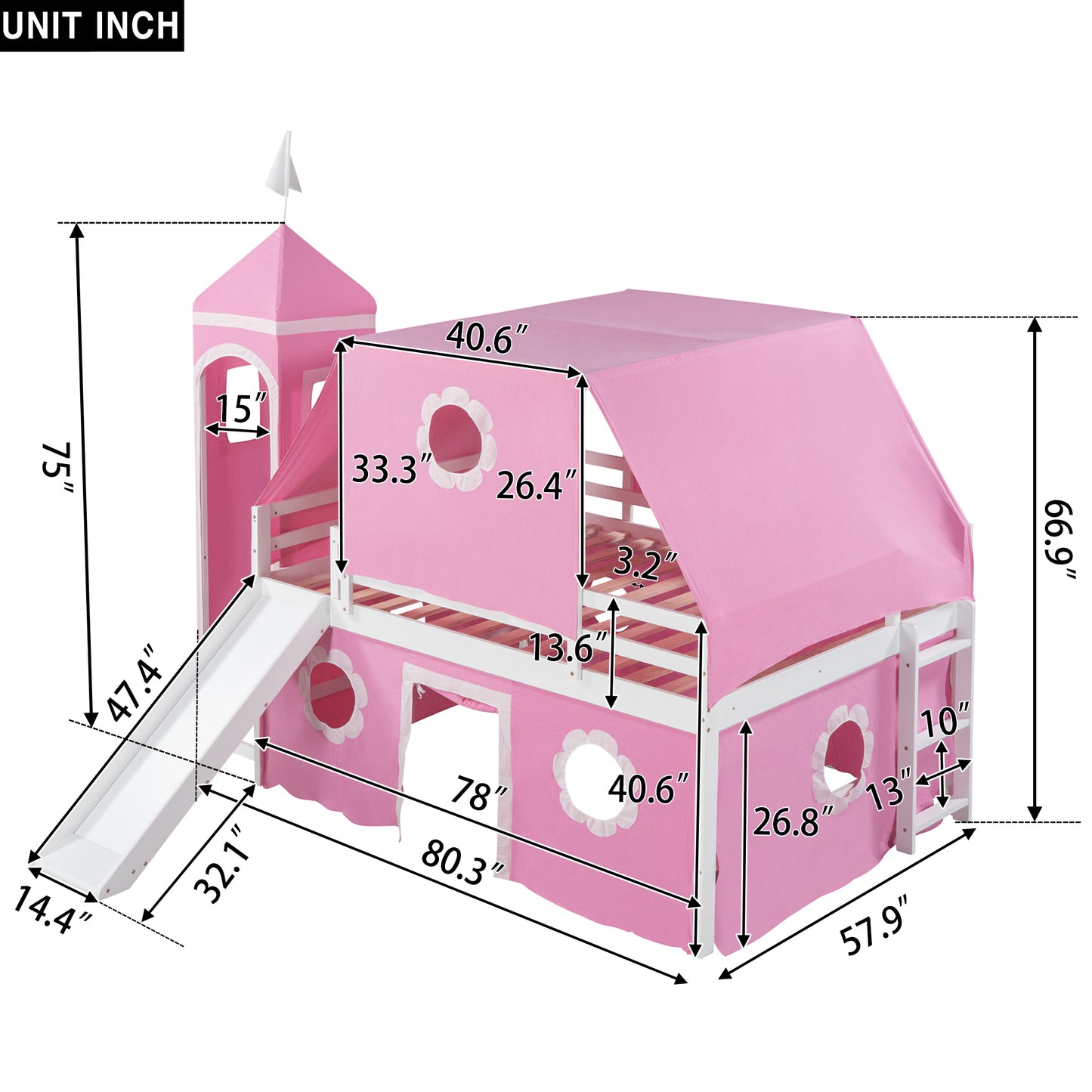 Pink Castle Loft Full Size Bunk Bed with Slide, Tent, and Tower - Enchanting Pink Castle Loft Bed with Slide, Tent, and Tower