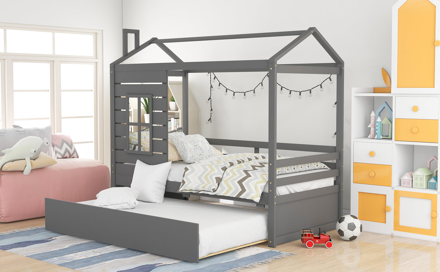 Twin Size House Bed Wood Bed with Twin Size Trundle ( Gray )