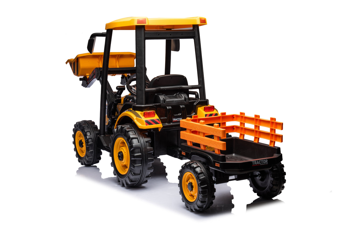 Yellow Pedal Tractor with Loader and Backhoe Digger, Electric Ride-On Car for Kids with Trailer