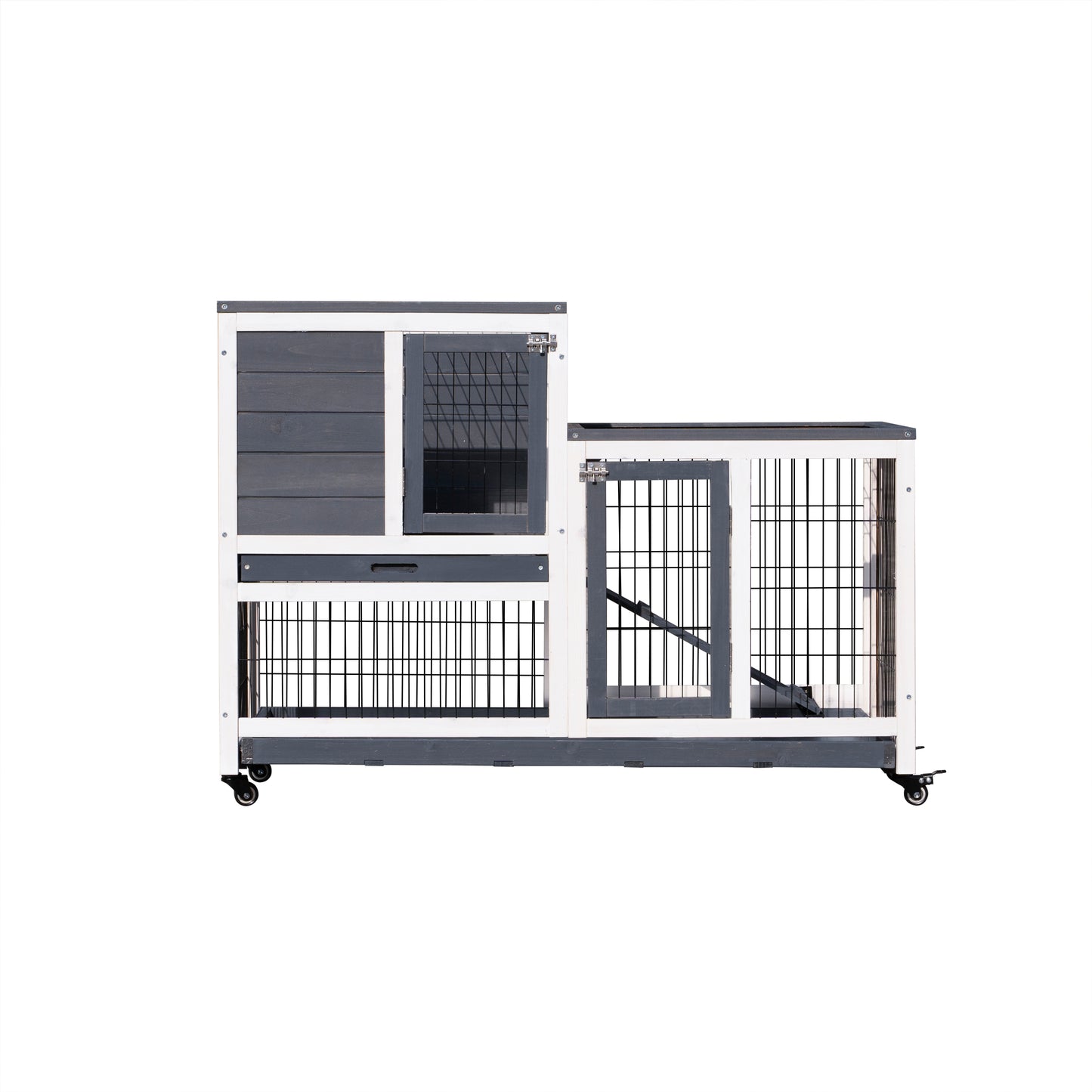 Removable Tray Ramp wooden outdoor rabbit hutch small animal coop with running cage with Enclosed Run with Wheels, Ramp, Removable Tray Ideal