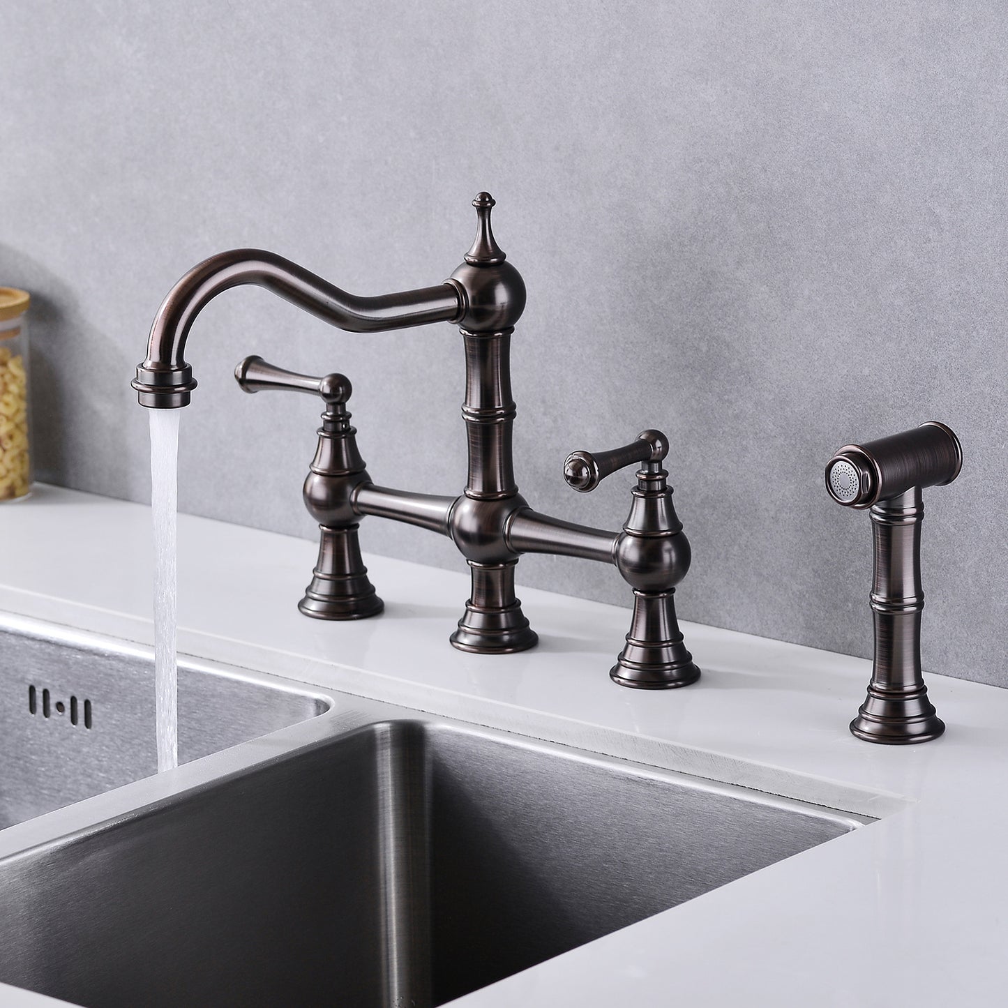 8 inch Centerset Bridge Kitchen Faucet with Brass Side Sprayer 2 Handles 4 Holes Antique Classic Heritage Deck-Mount Kitchen Sink Faucet