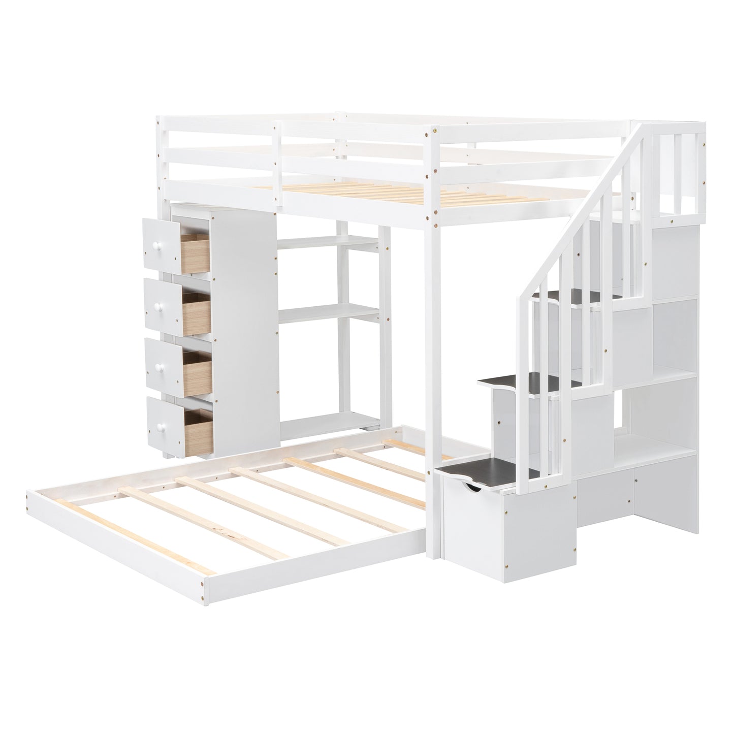 White Twin Over Full Bunk Bed with Storage Stairs & Drawers for Space-Saving Solution