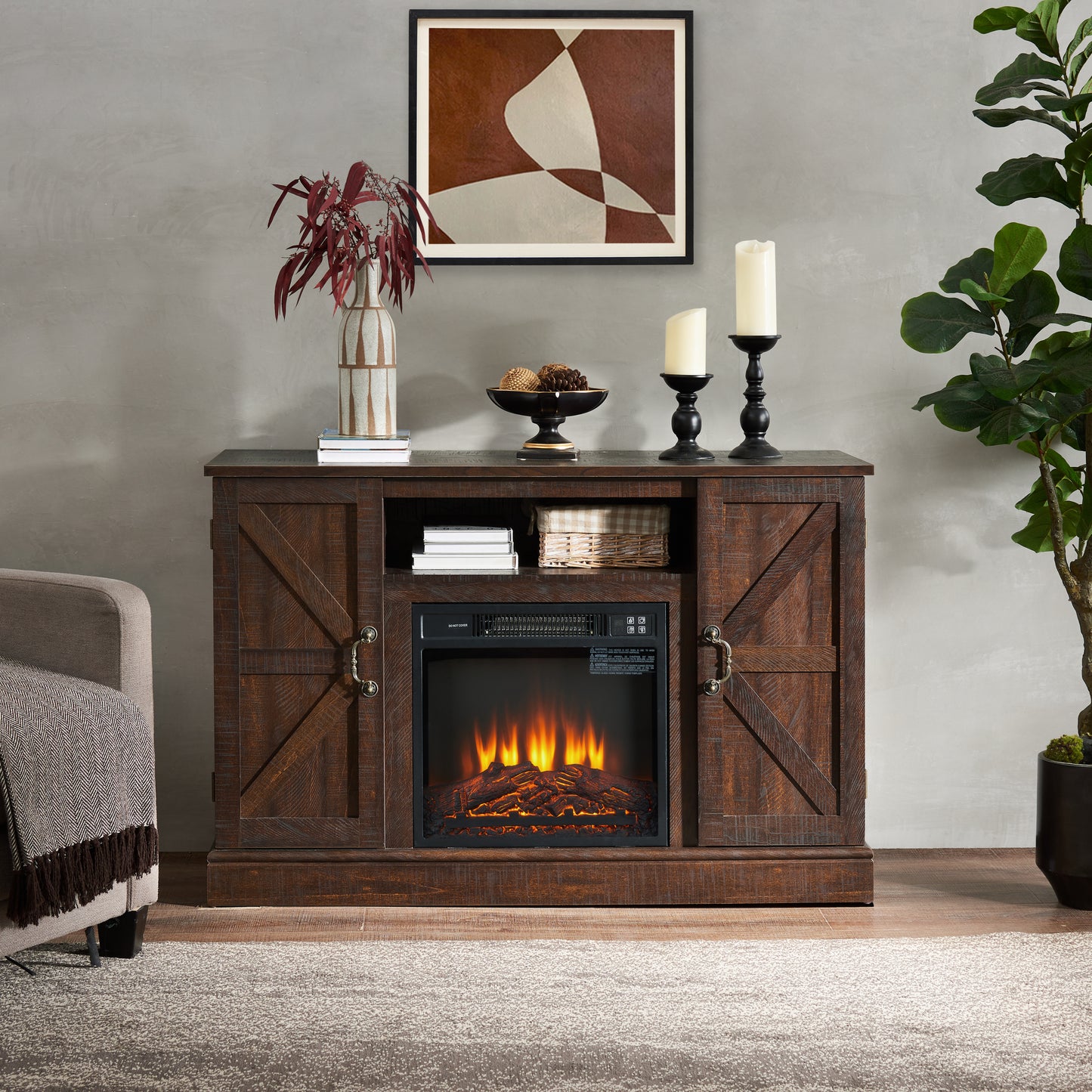 Classic Farmhouse TV Stand with Electric Fireplace Insert and Storage Space for TV up to 50