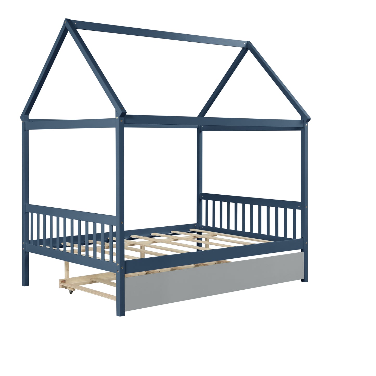 NAVY BLUE HOUSE FULL BED WITH TRUNDLE OF GREY COLOR