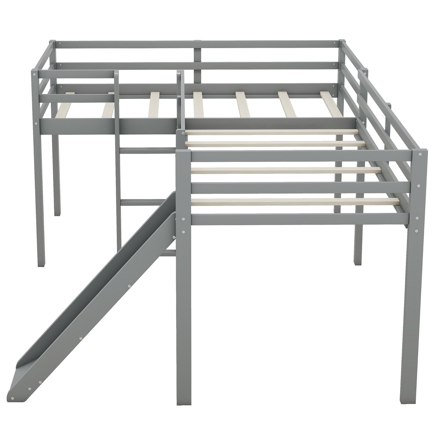 L-Shaped Twin Size Loft Bed with Ladder and Slide, Gray