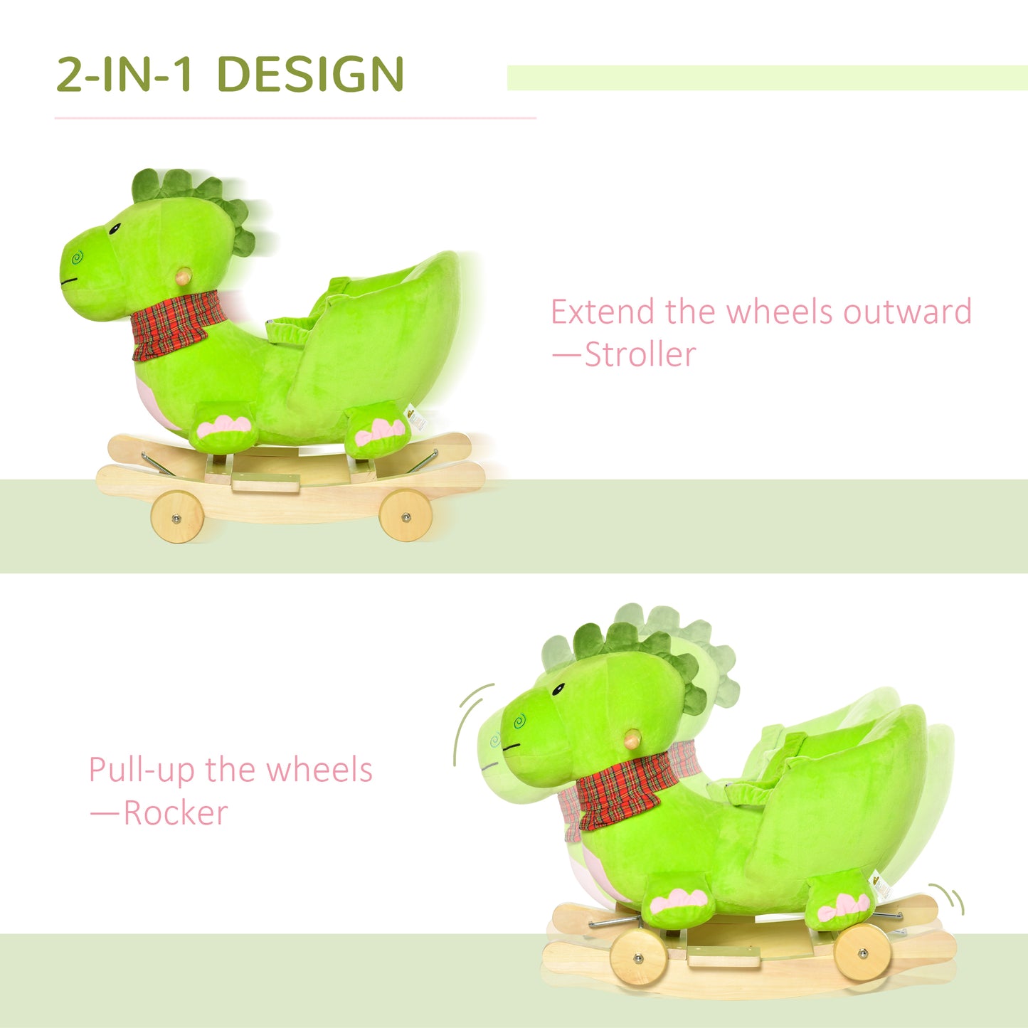 Baby Rocking horse Kids Interactive 2-in-1 Plush Ride-On Toys Stroller Rocking Dinosaur with Wheels and Nursery Song