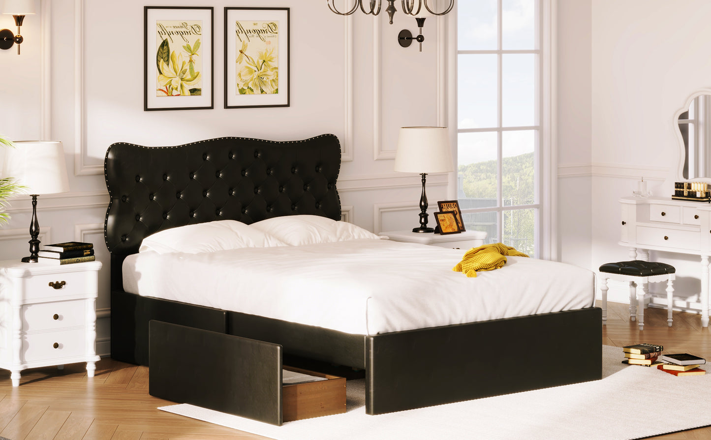 Full Size Bed Frame with 4 Storage Drawers,Leather Upholstered Platform Heavy Duty Bed,Wood Slat Support,Black