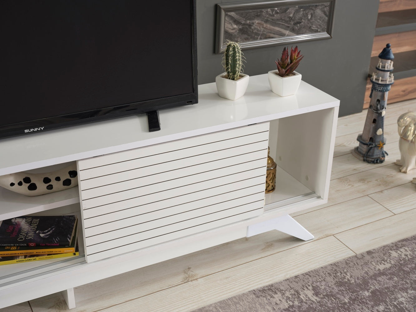 Luxia Mid Century Modern TV Stand with Storage Cabinets and Shelves in White