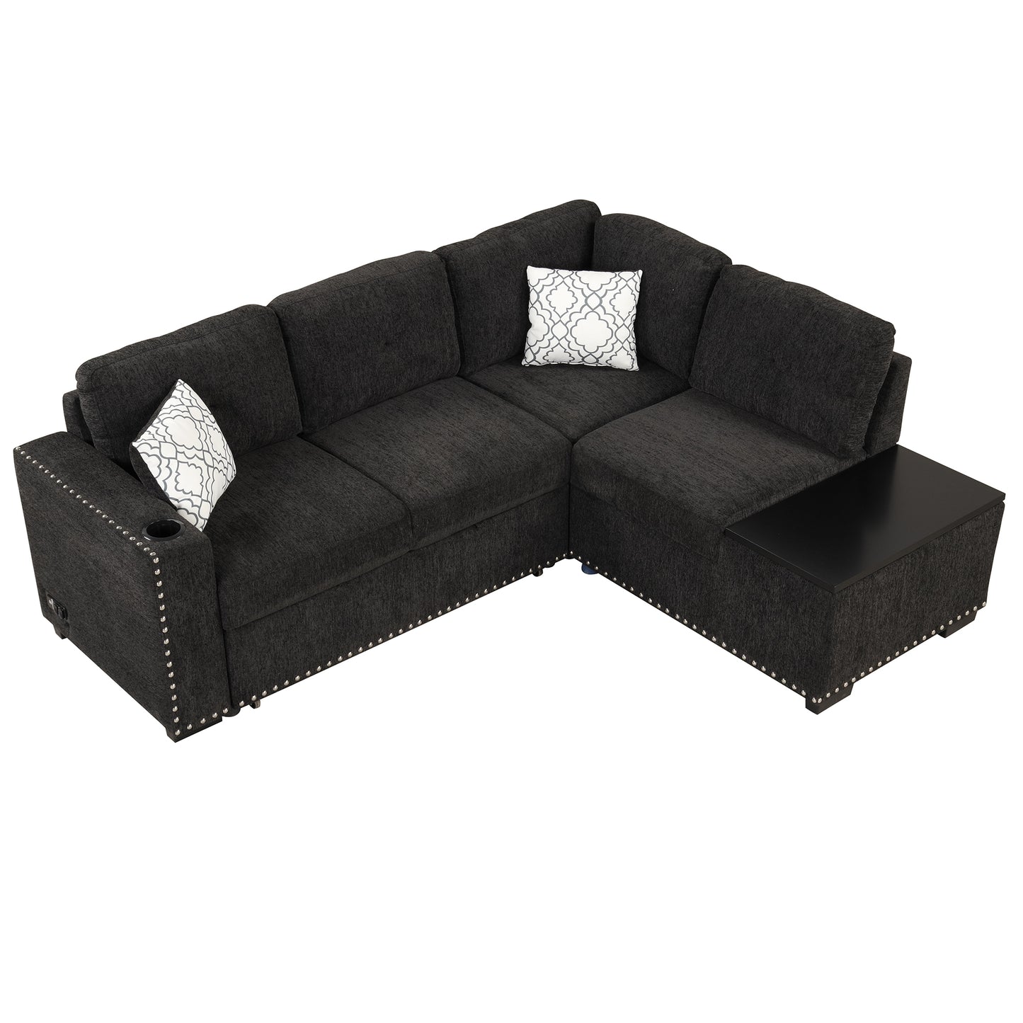 83.8 L-Shaped Reversible Sectional Sleeper Sofa with Cup Holder and USB Ports, Black