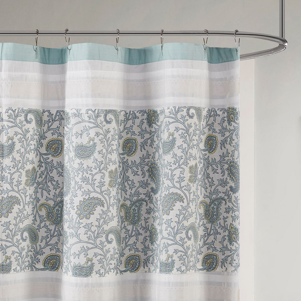 Aqua Paisley Cotton Shower Curtain: Madison Park Dawn Oasis Design