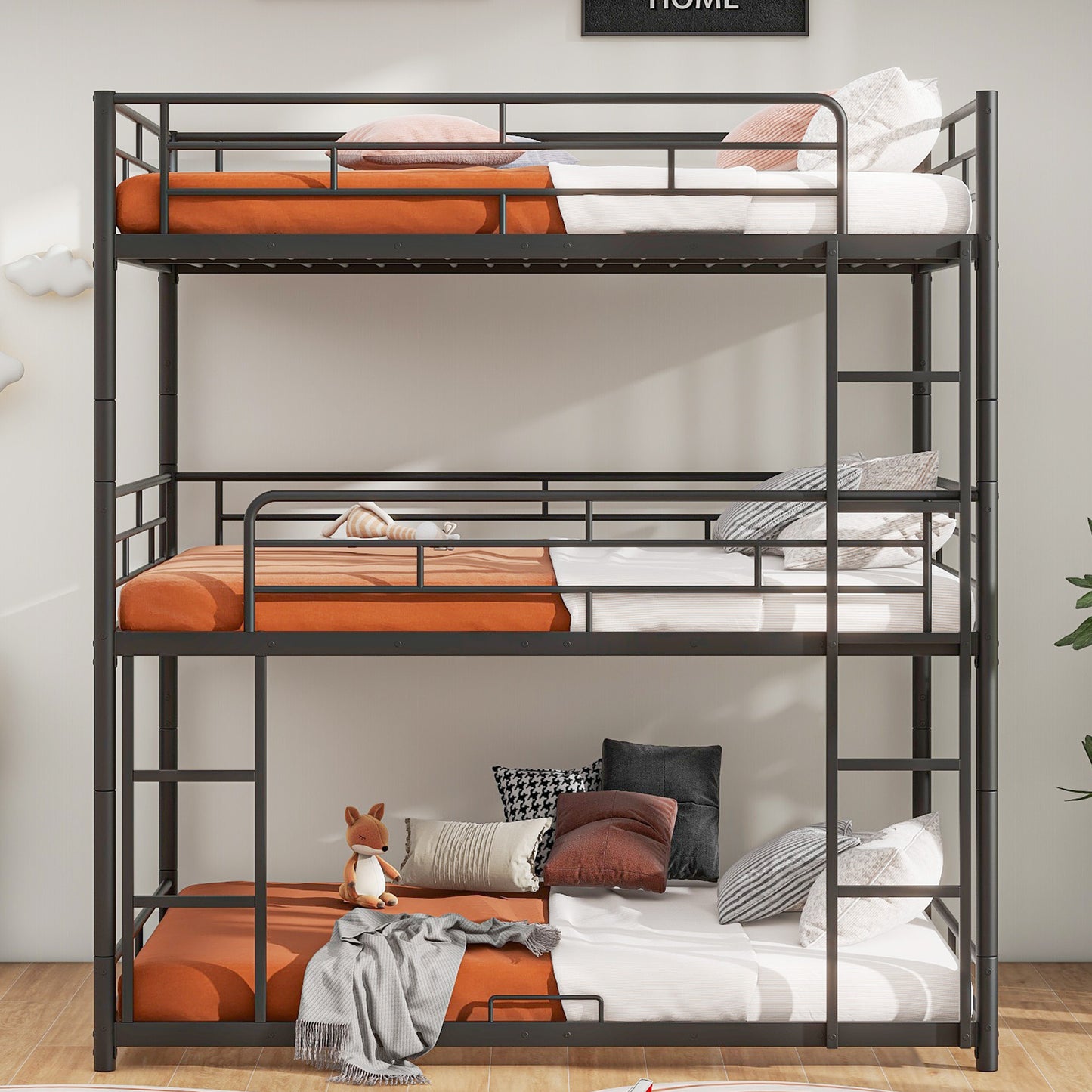 Durable Steel Full Size Triple Bunk Bed in Elegant Black