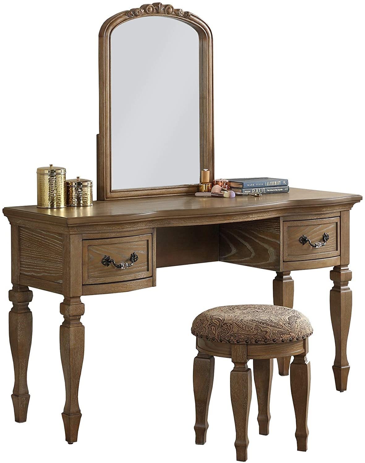 Bedroom Classic Vanity Set Wooden Carved Mirror Stool Drawers Antique Oak Finish