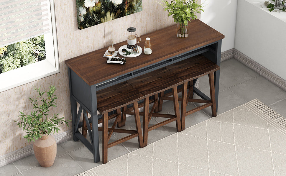 Farmhouse Counter Height 4-Piece Dining Table Set, 60" Console Kitchen Table Set with 3 Stools for Small Places,Walnut