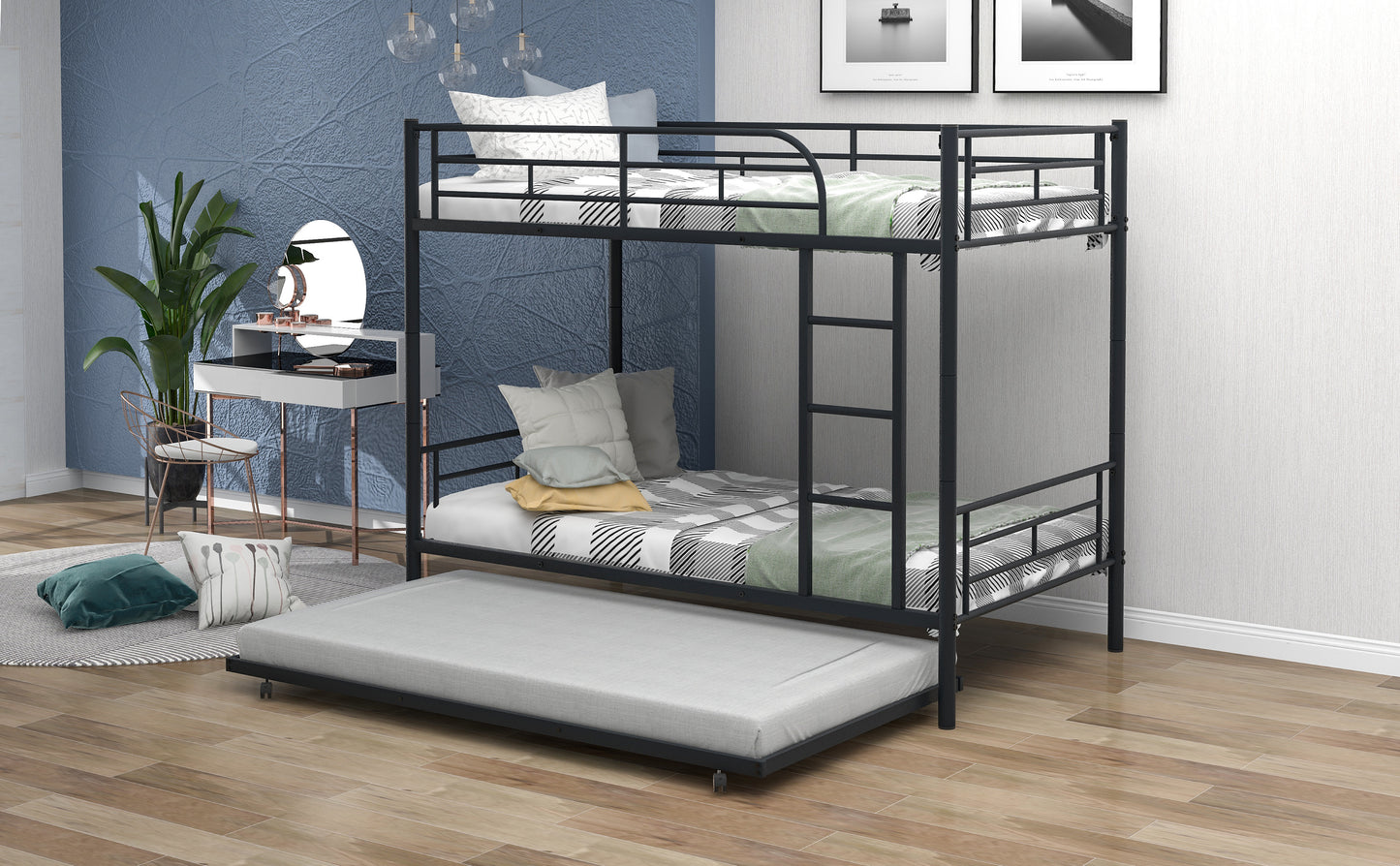 Metal Bunk Bed with Twin Trundle, Convertible Twin-Over-Twin, Black