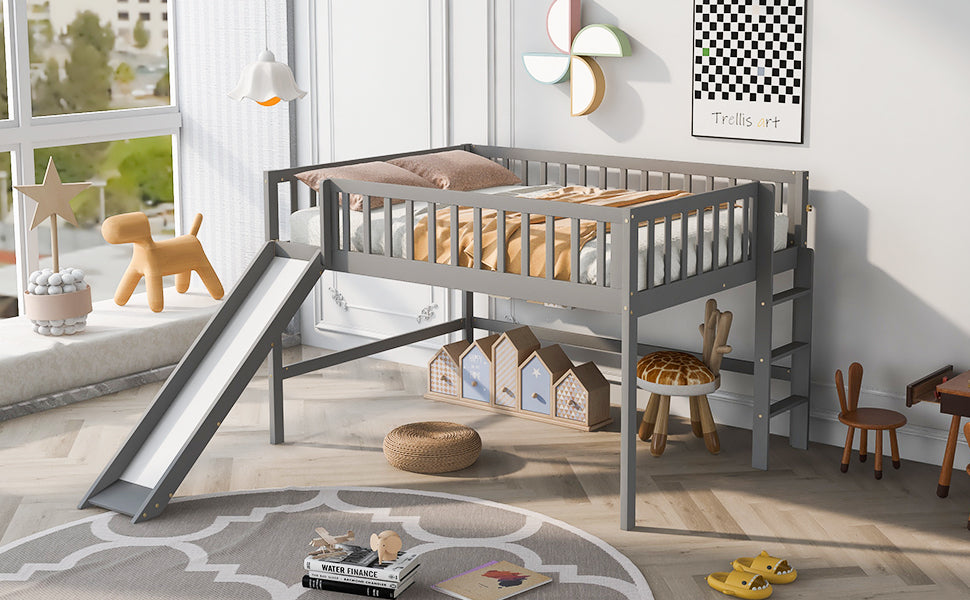 Full Size Low Loft Bed with Ladder and Slide,Gray