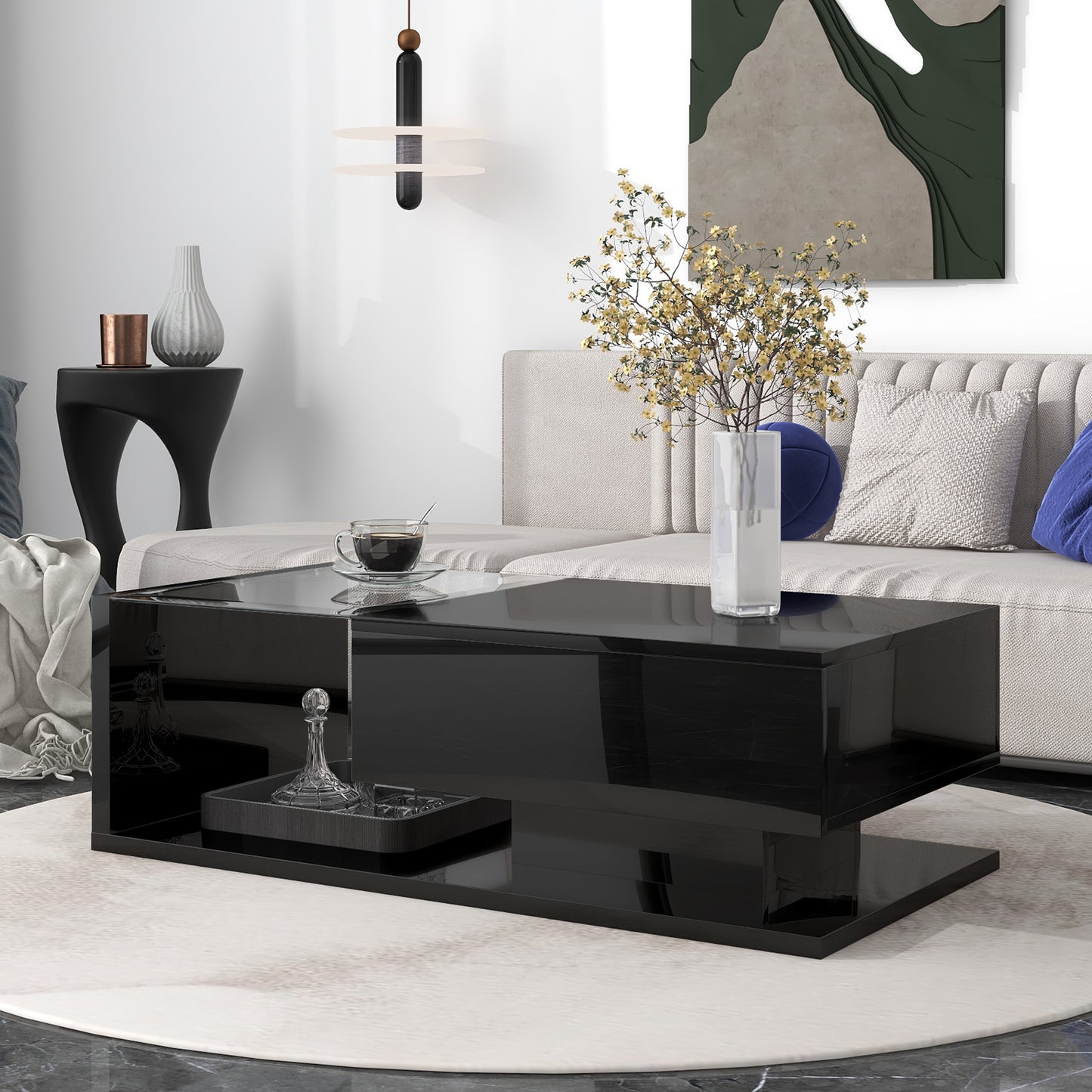 Elegant Black Modernist Coffee Table with Glass Top and Storage Shelf