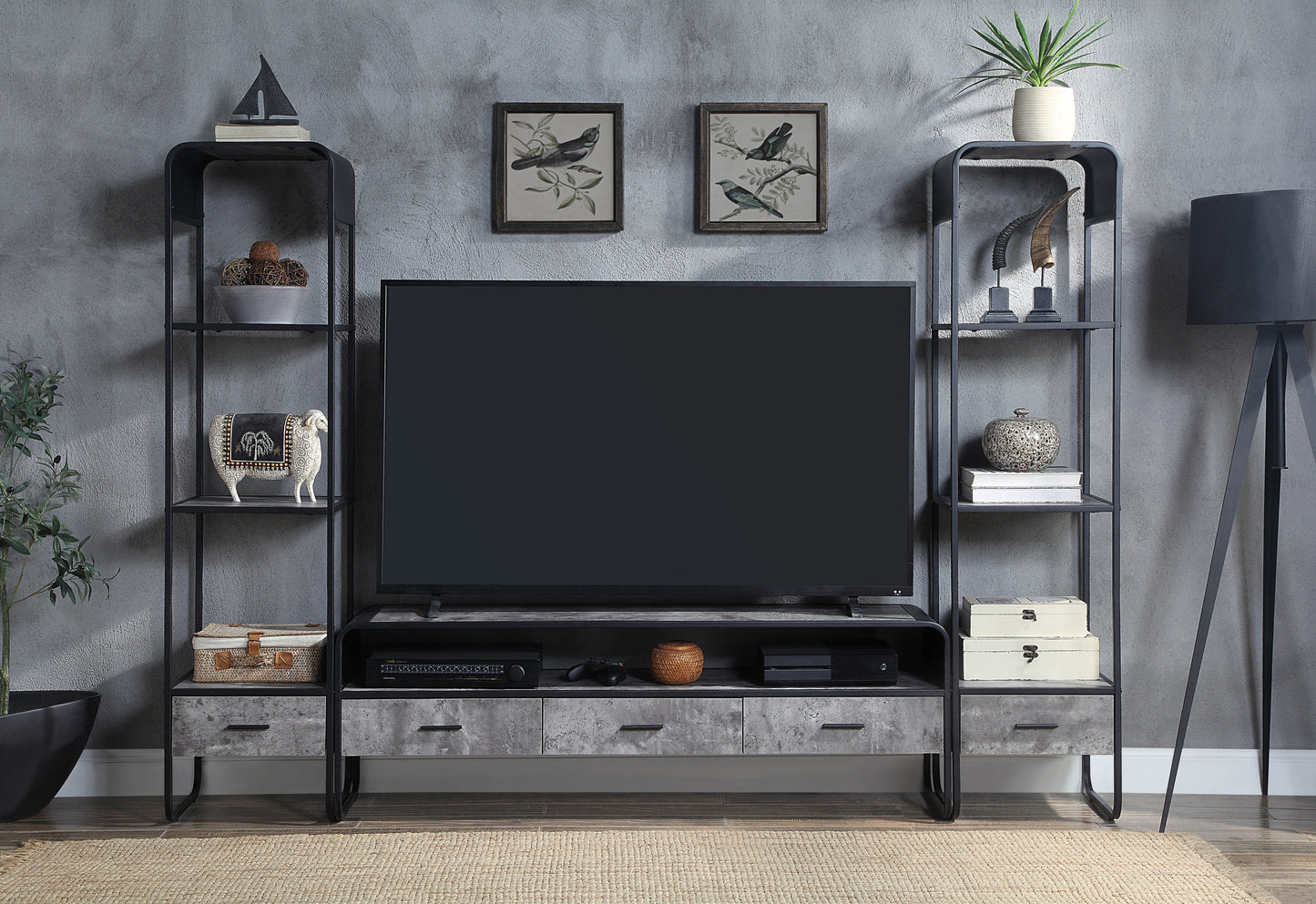 Raziela TV Stand with Concrete Gray Finish and Black Metal Base for TVs up to 65: Stylish Industrial Entertainment Console