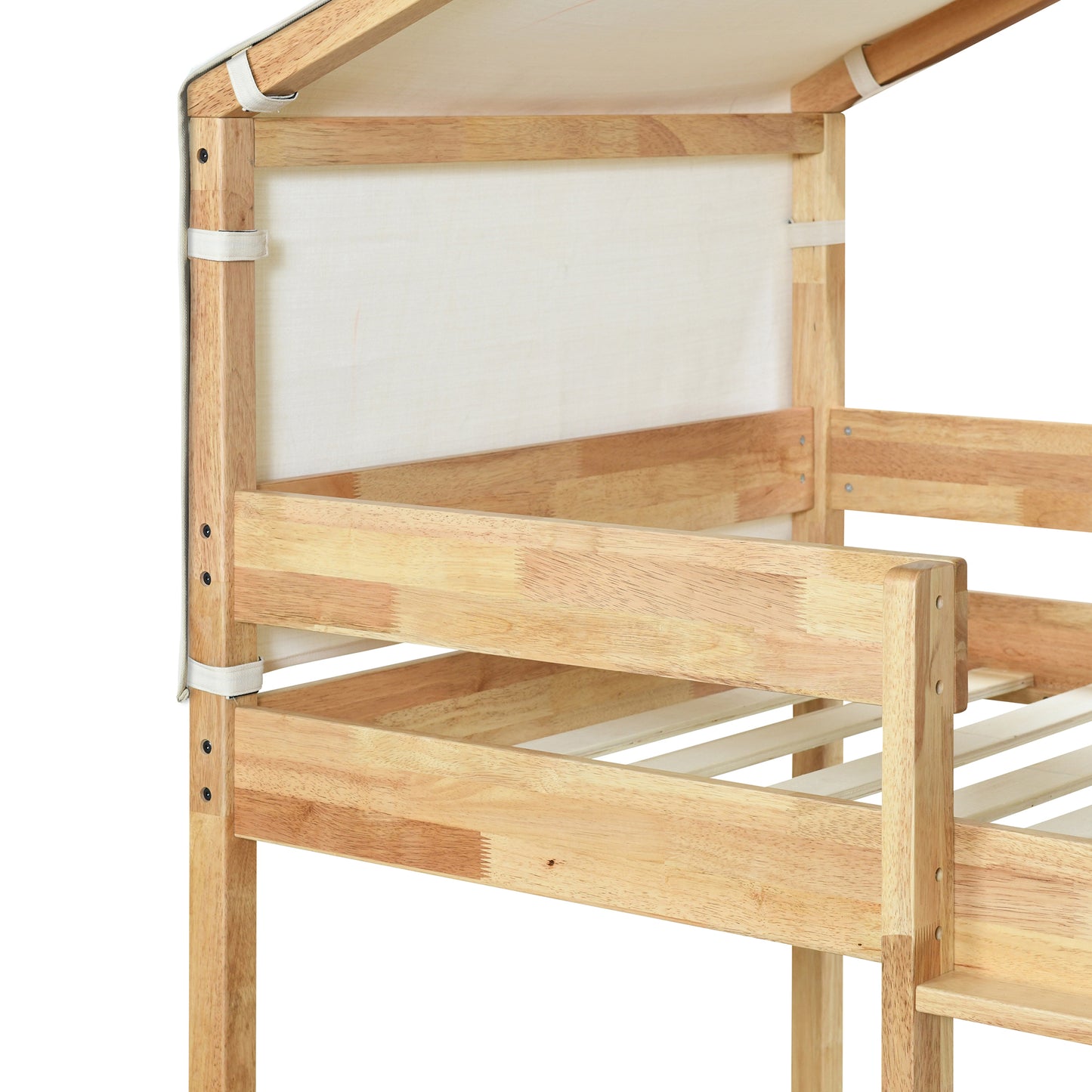 Natural Wood Twin Bunk Bed with Playful Tent in Rural Design