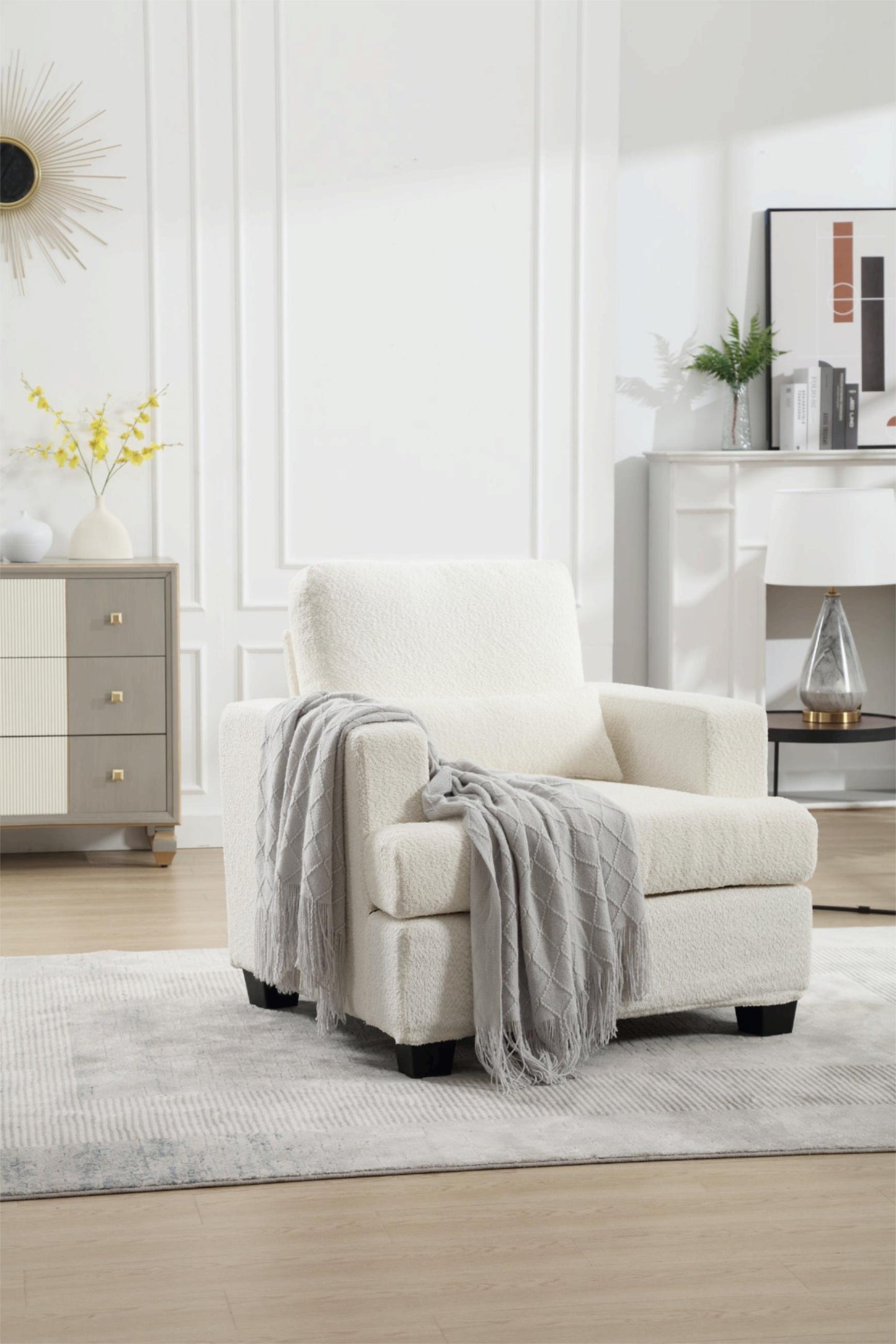 Contemporary 37 Modern Chair with Square Armrest, Removable Back Cushion, and Waist Pillow (White & Gray Fabric)