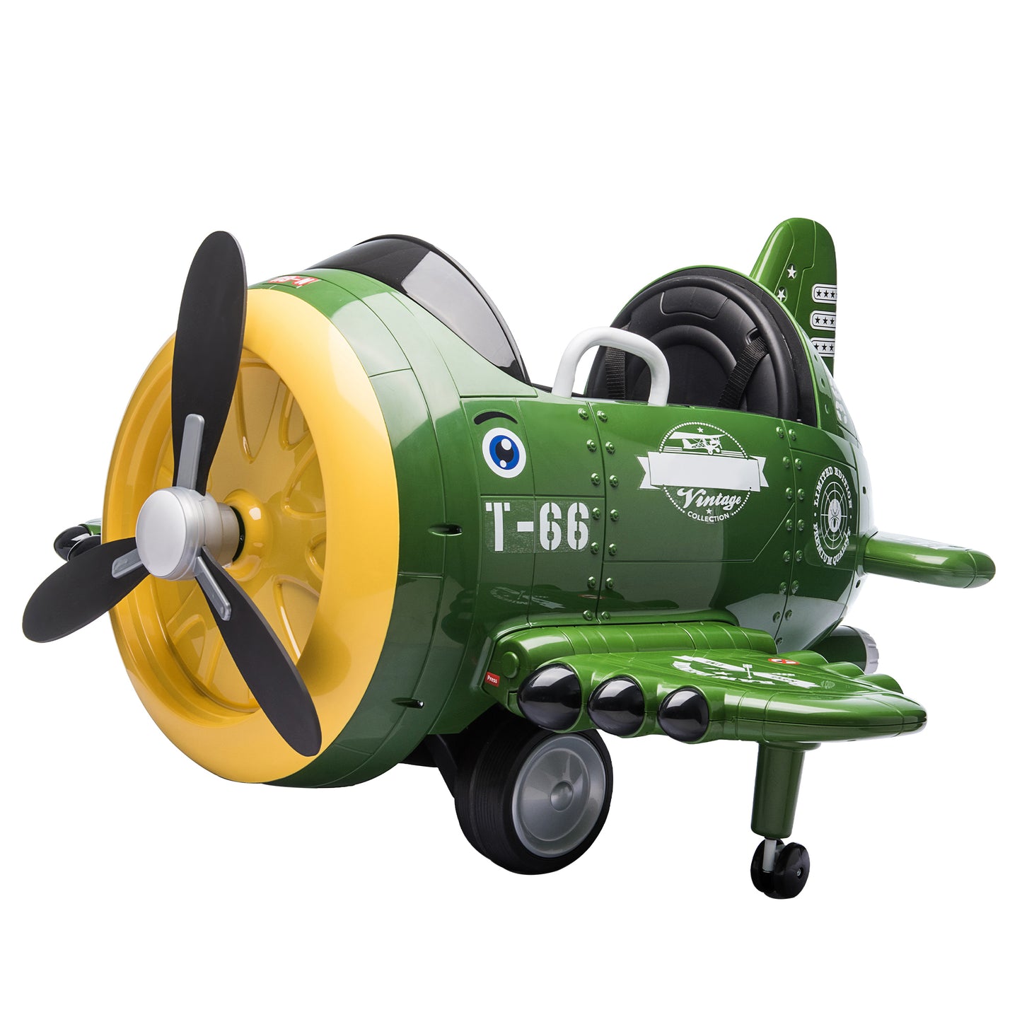 12V Electric Ride-On Toy Plane with 360-Degree Rotating Feature, USB, FM, and Remote Control for Kids 3 to 6, Army Green