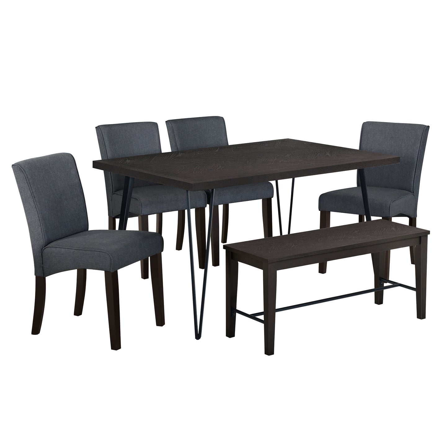 Modern 6-Piece Dining Table Set with V-Shape Metal Legs, Wood Kitchen Table Set with 4 Upholstered Chairs and Bench for 6,Espresso