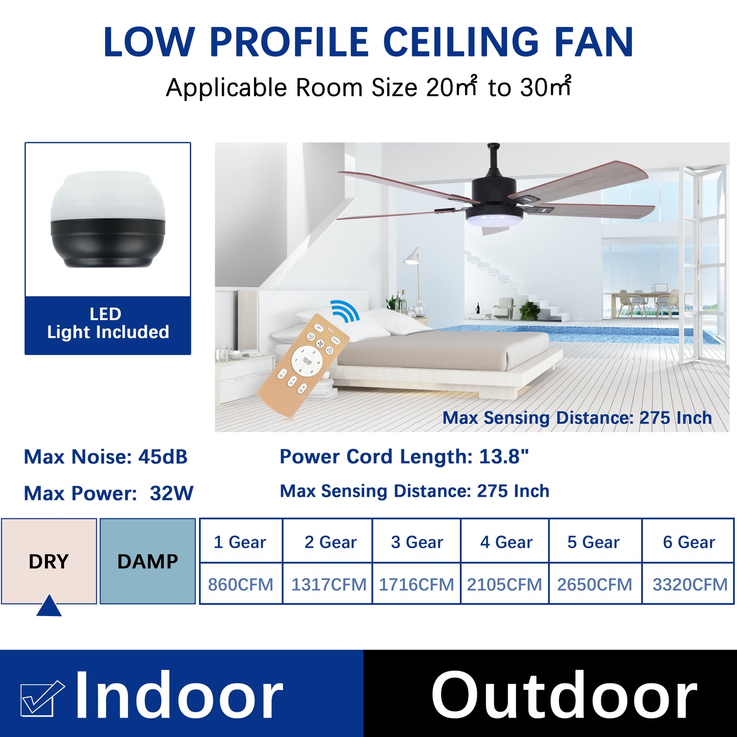 52 Ceiling Fan with Lights and Remote Control, Low Profile Wood Blades LED Listed Ceiling Fan