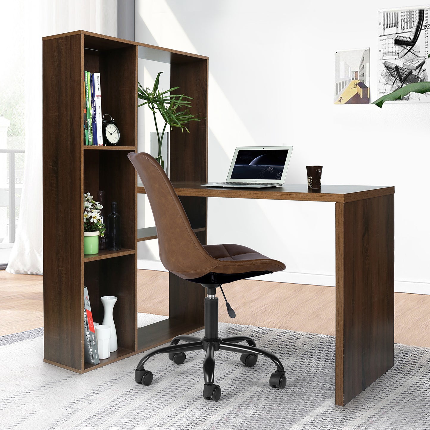 H-Shaped Wooden Computer Desk with Adjustable Shelves - Walnut