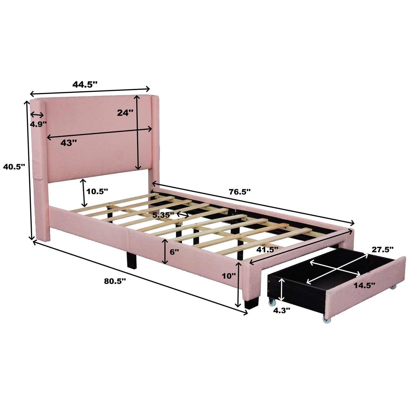 PINK TEDDY FABRIC FOOTBOARD STORAGE BIG DRAWER WINGBACK WITH POCKETS UPHOLSTERED BED NO BOX SPRING REQUIRED TWIN SIZE MODERN DESIGN