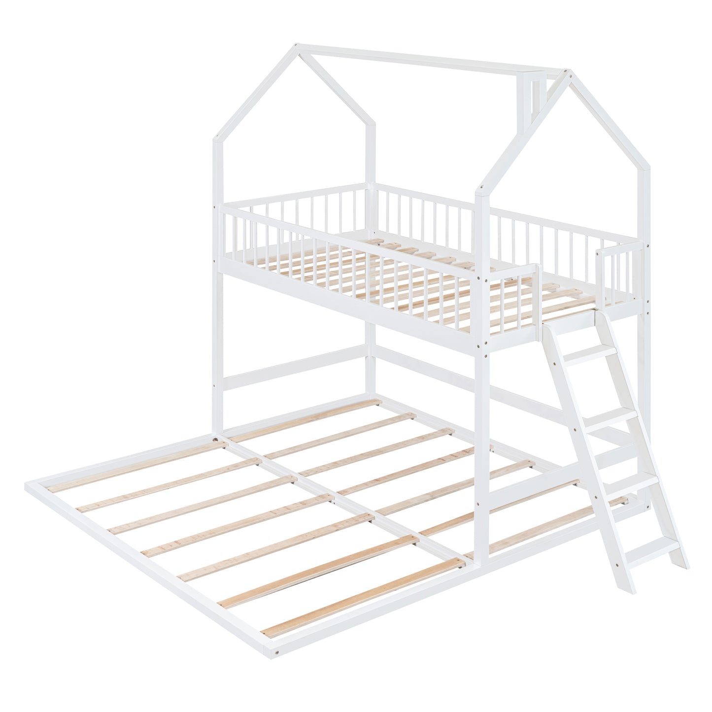 House-Shaped Twin Bunk Bed with Trundle, Ladder, and Twin Over Twin Size Sleep Space