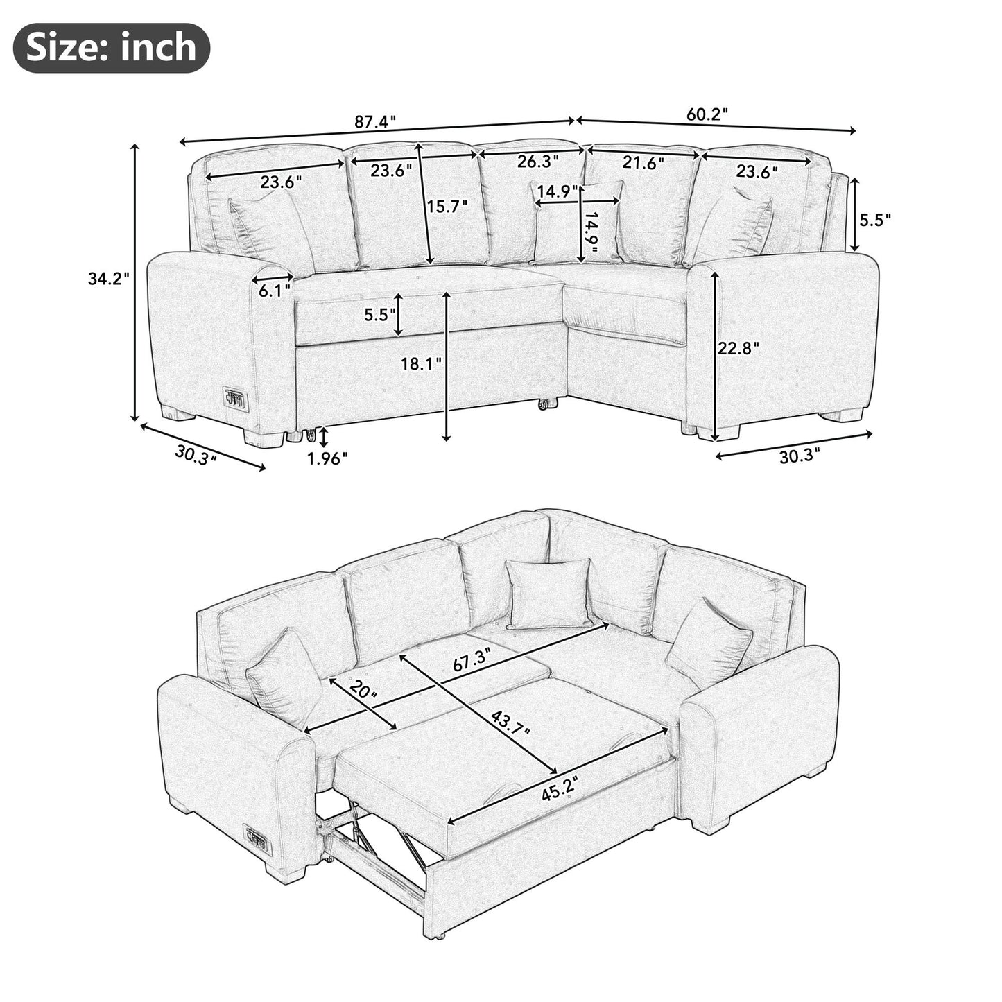 Sleeper Sectional Sofa with USB Charging Port and Plug Outlet, Pull-Out Bed with 3 Pillows, L-Shape Chaise for Small Living Spaces, Black