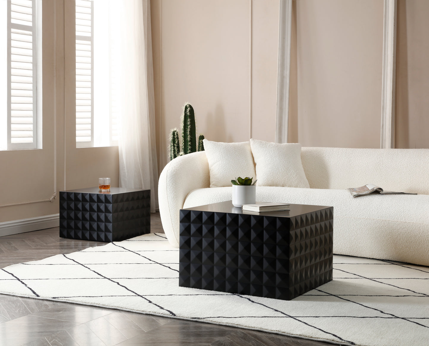 Elegant Matt Black Square Nesting Tables Set of 2, Stylish MDF Coffee Table Pair for Living Room/Bedroom