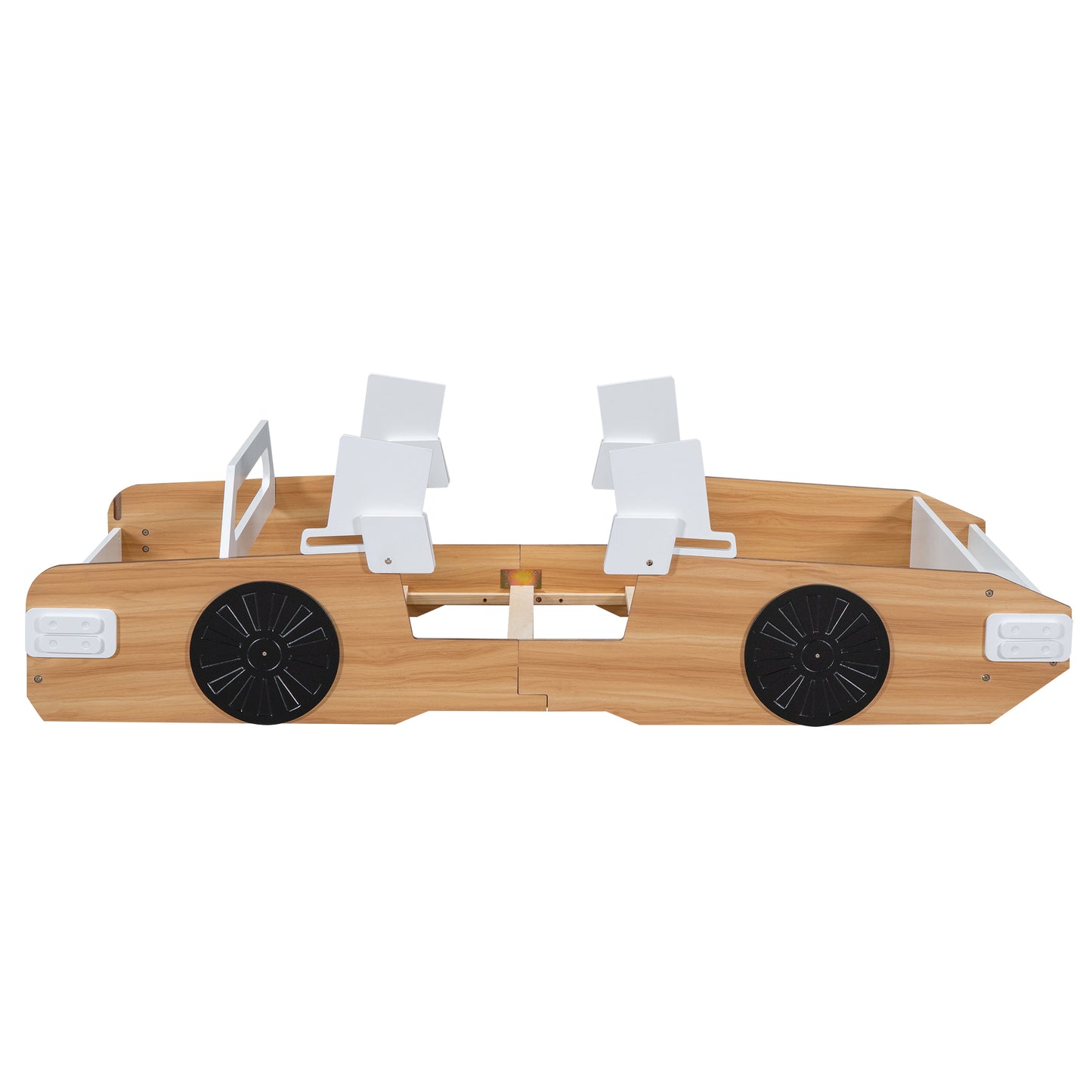 Wood Twin Size Racing Car Bed with Door Design and Storage, Natural+White+Black