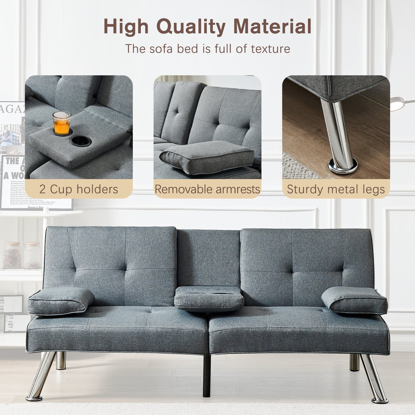 Linen Fabric Modern Sofa Bed Futon Couch Bed Folding Recliner Sleeper Reversible Loveseat Convertible Daybed, 2 Cup Holders, 3 Angles, Removable Armrests, Gray