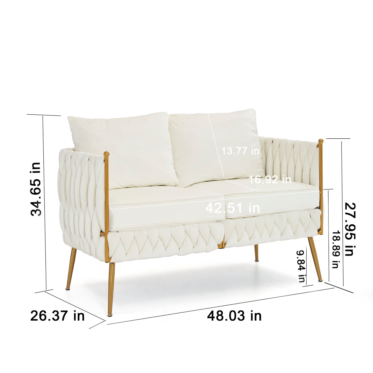 Luxurious 3-Piece Cream White Velvet Living Room Set with Hand-Woven Tufted Back and Golden Metal Legs