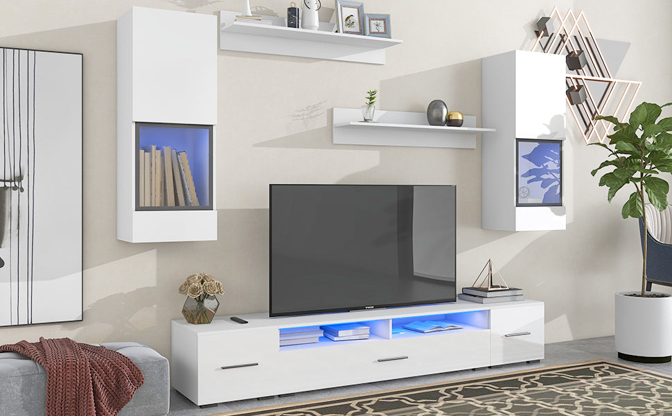 Elegant White Floating TV Stand Set with LED Lights - Versatile Minimalist Entertainment Center for Large TVs