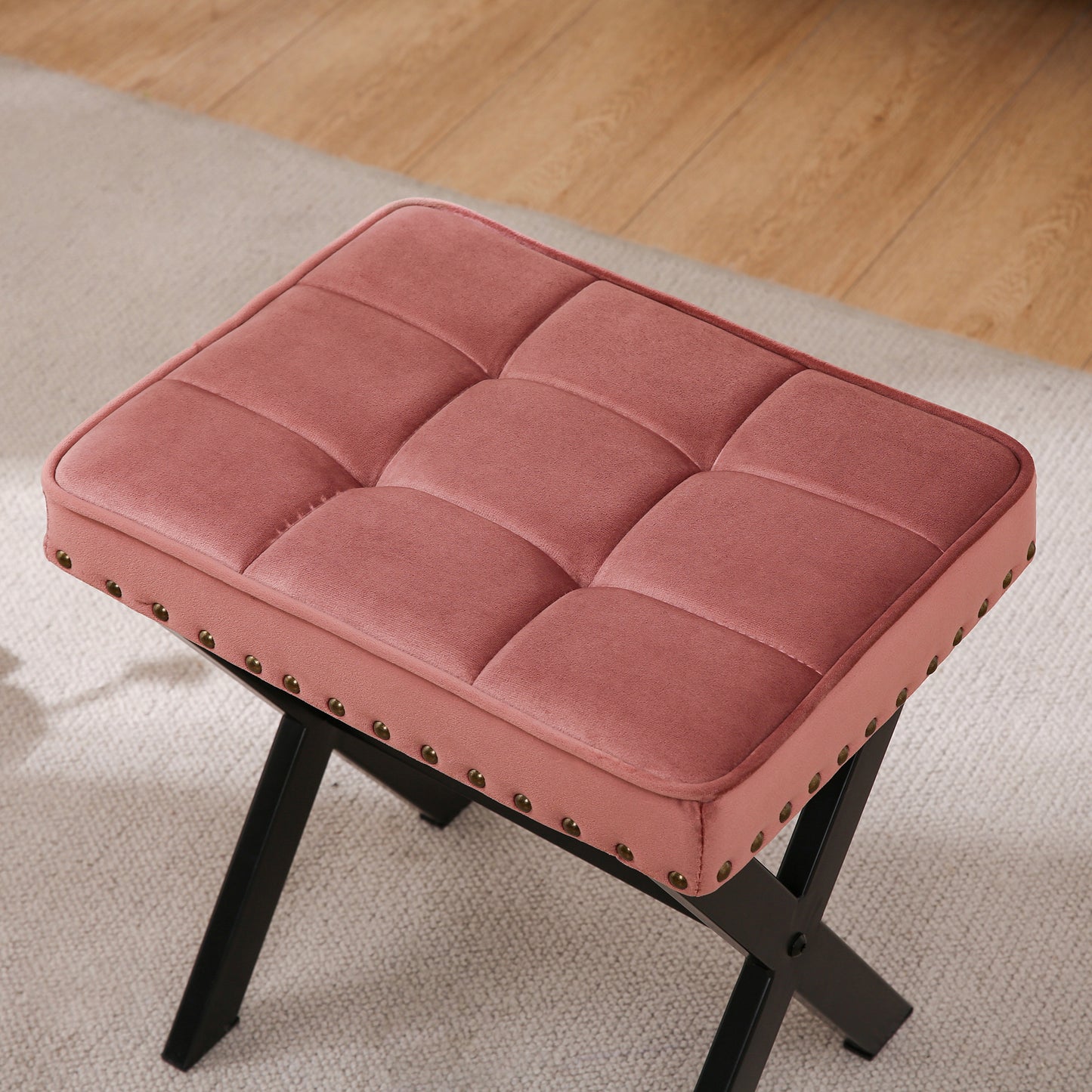 Fabric Upholstered Bench Ottoman Footstool Seat with X-Shaped Metal Legs (Pink)