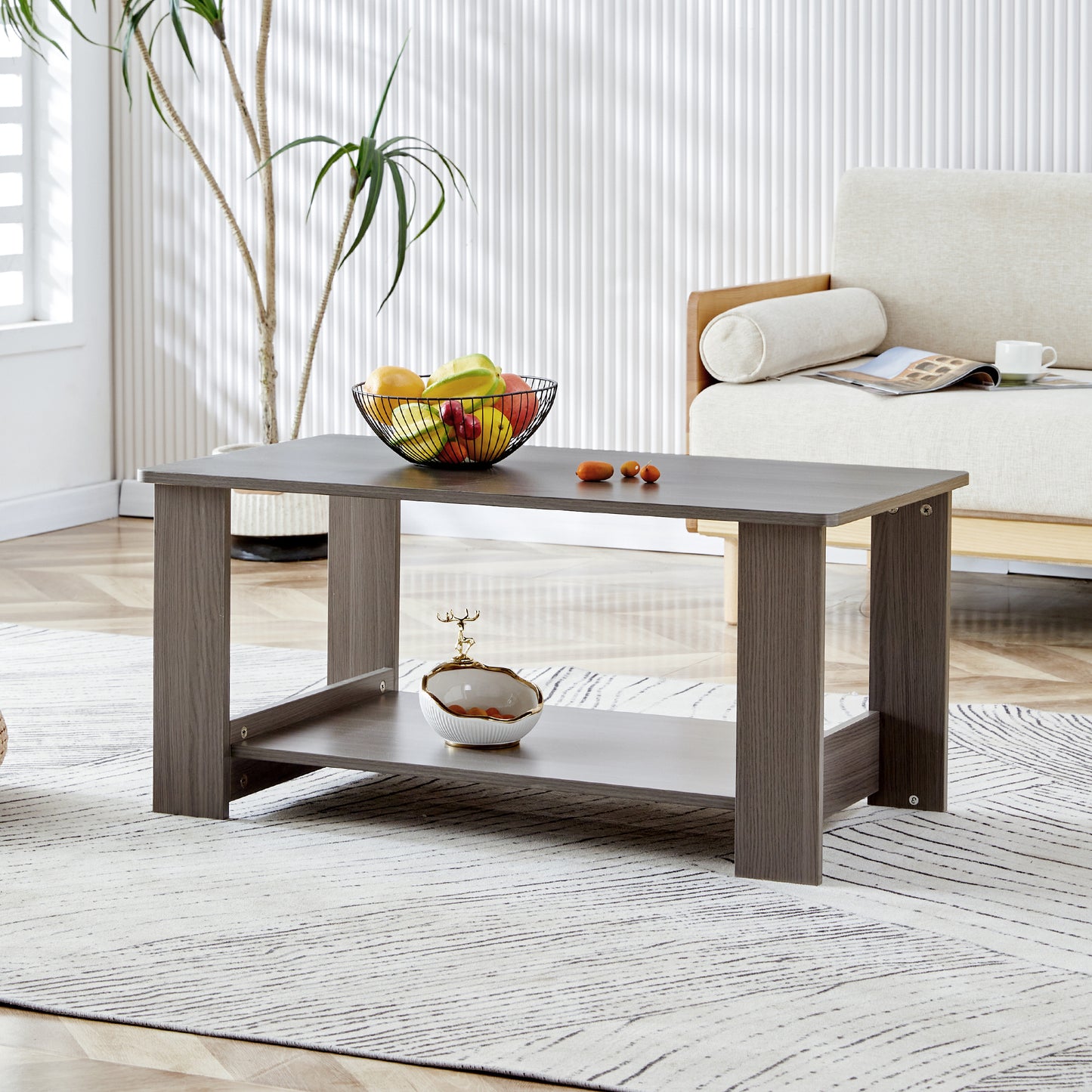 Elegant Gray Wood Grain Double Layered Rectangular Coffee Table, Perfect for Any Room