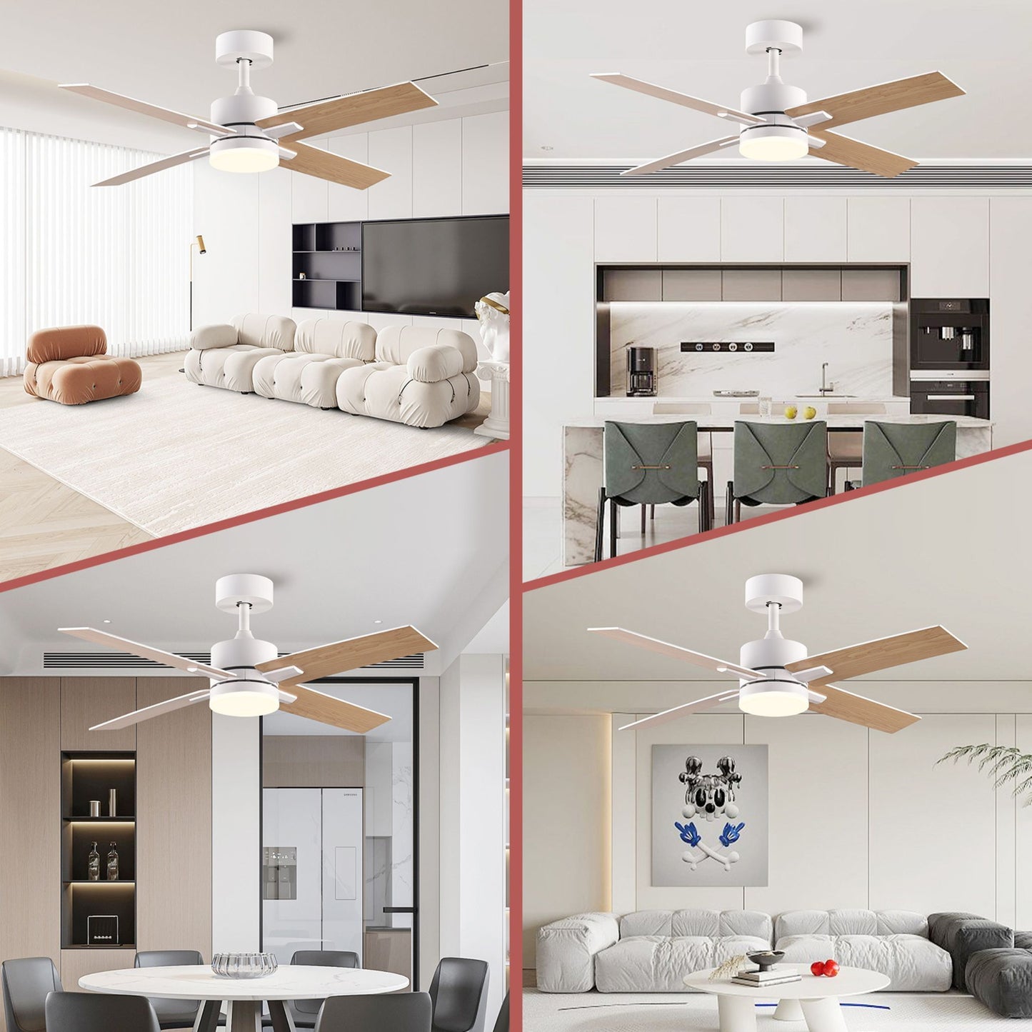 44 Inch Modern White Ceiling Fans with Smart Remote Control and LED Lights for Indoor and Outdoor Spaces (Set of 2)